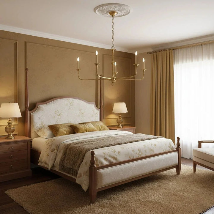 Antique brass chandelier creating sophisticated atmosphere in room