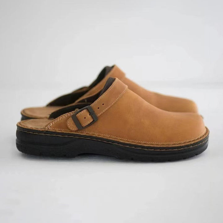 Men's brown slip-on comfort clog shoe with side buckle detail