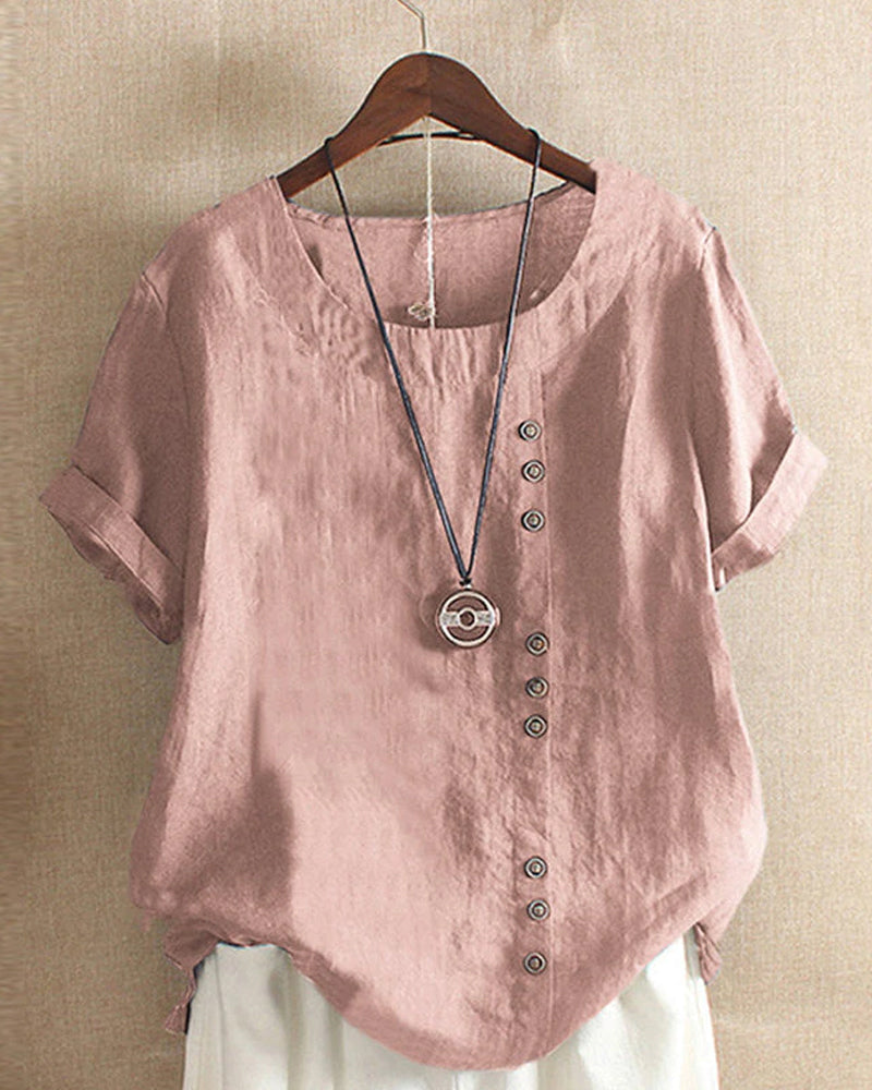 Pink short sleeve crew neck t-shirt with buttons for women
