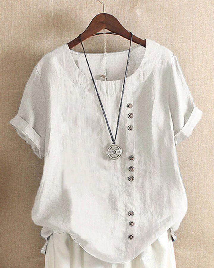 White short sleeve crew neck t-shirt with buttons for women