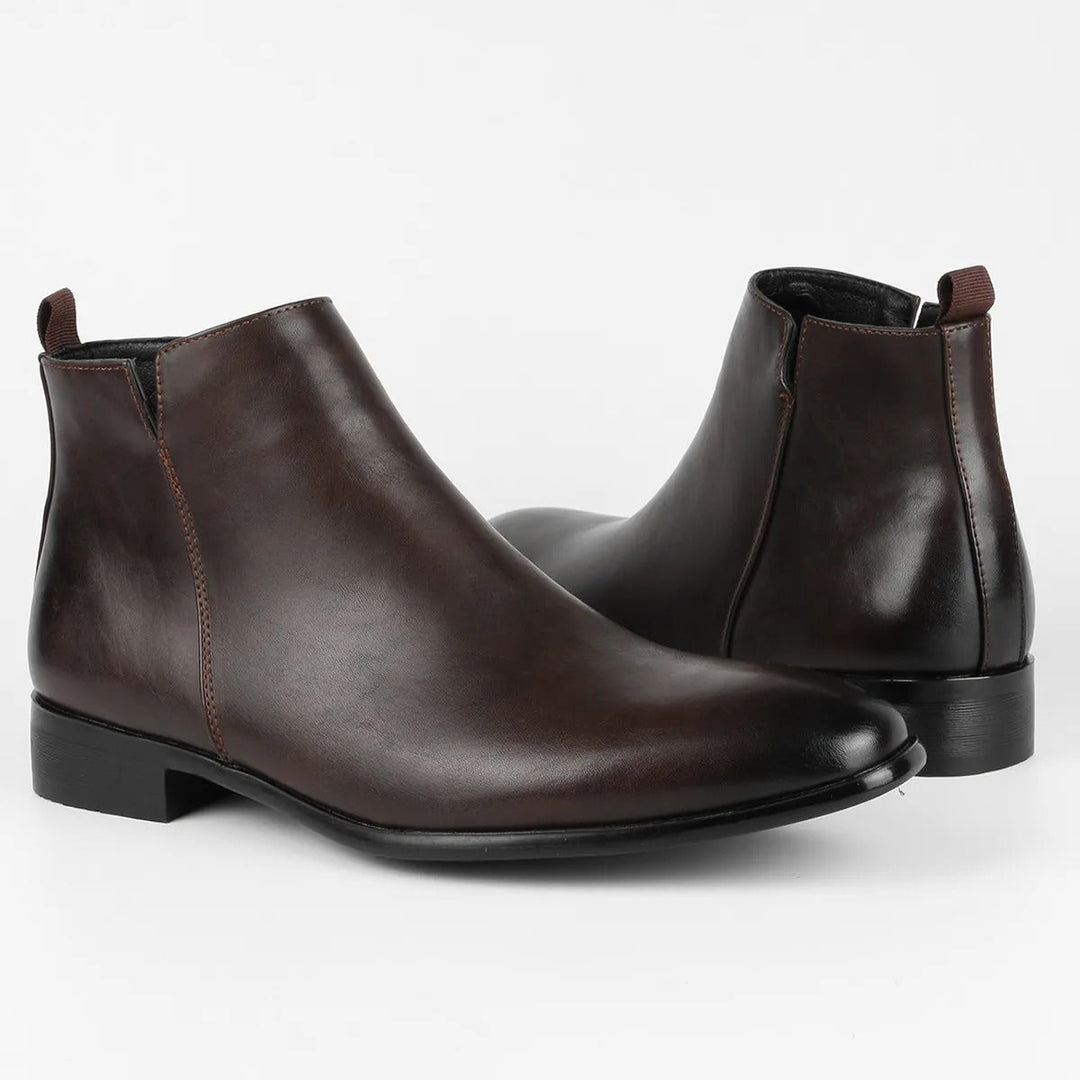 Men's dark brown leather-look ankle boots with contrast stitching