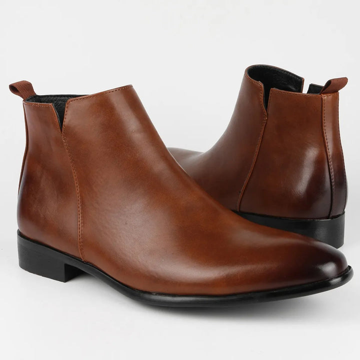 Side profile of men's classic retro ankle boots showing zipper detail