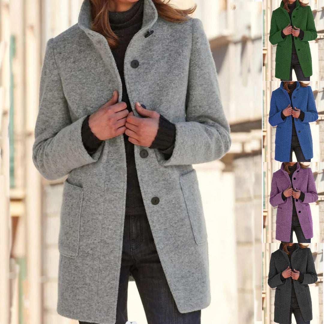 Women's classic retro button coat in light grey displayed with color options