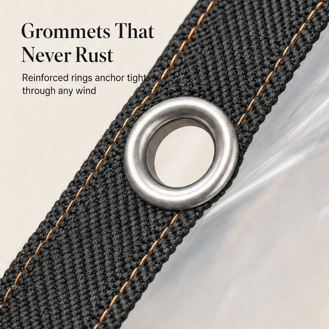 Close-up of clear PVC tarp material showing reinforced corner grommets