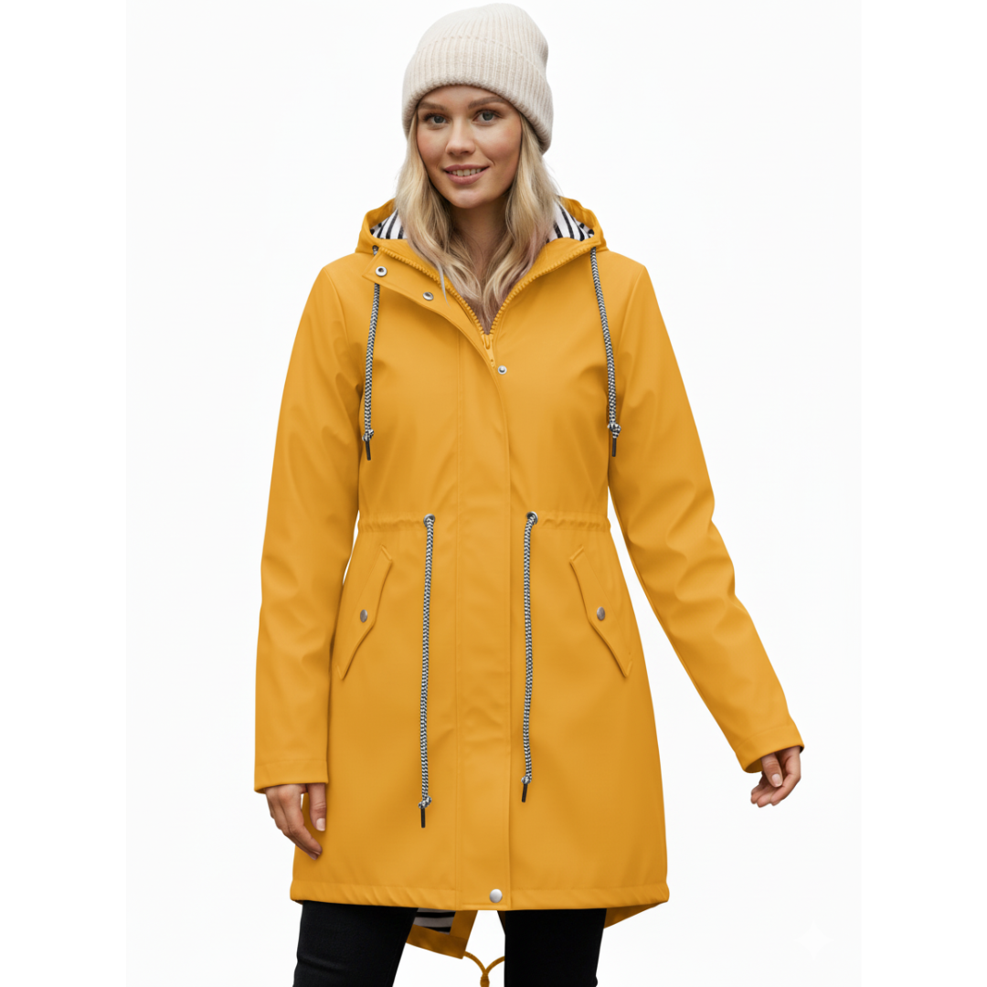 Model wearing a bright yellow waterproof rain jacket with drawstring hood