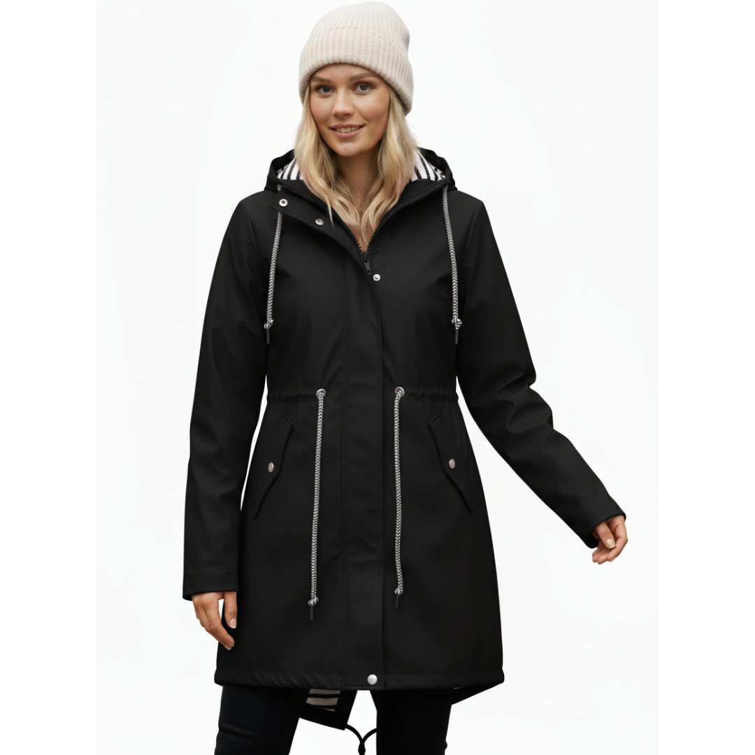 Women's waterproof rain jacket in vibrant yellow, featuring a front zipper and deep pockets.