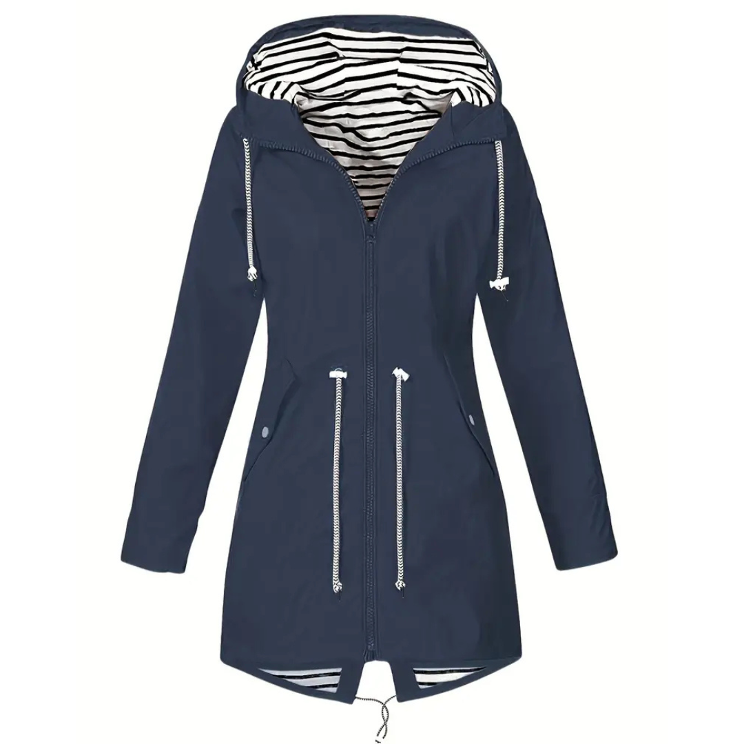 Side view of a hooded waterproof rain jacket for women, designed for outdoor activities.