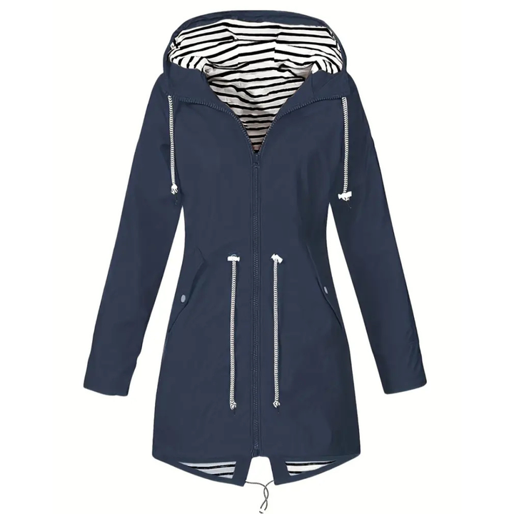 Side view of a hooded waterproof rain jacket for women, designed for outdoor activities.