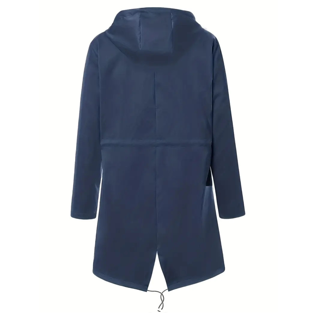 Close-up of the adjustable hood and waterproof zipper on the women's rainwear outerwear.