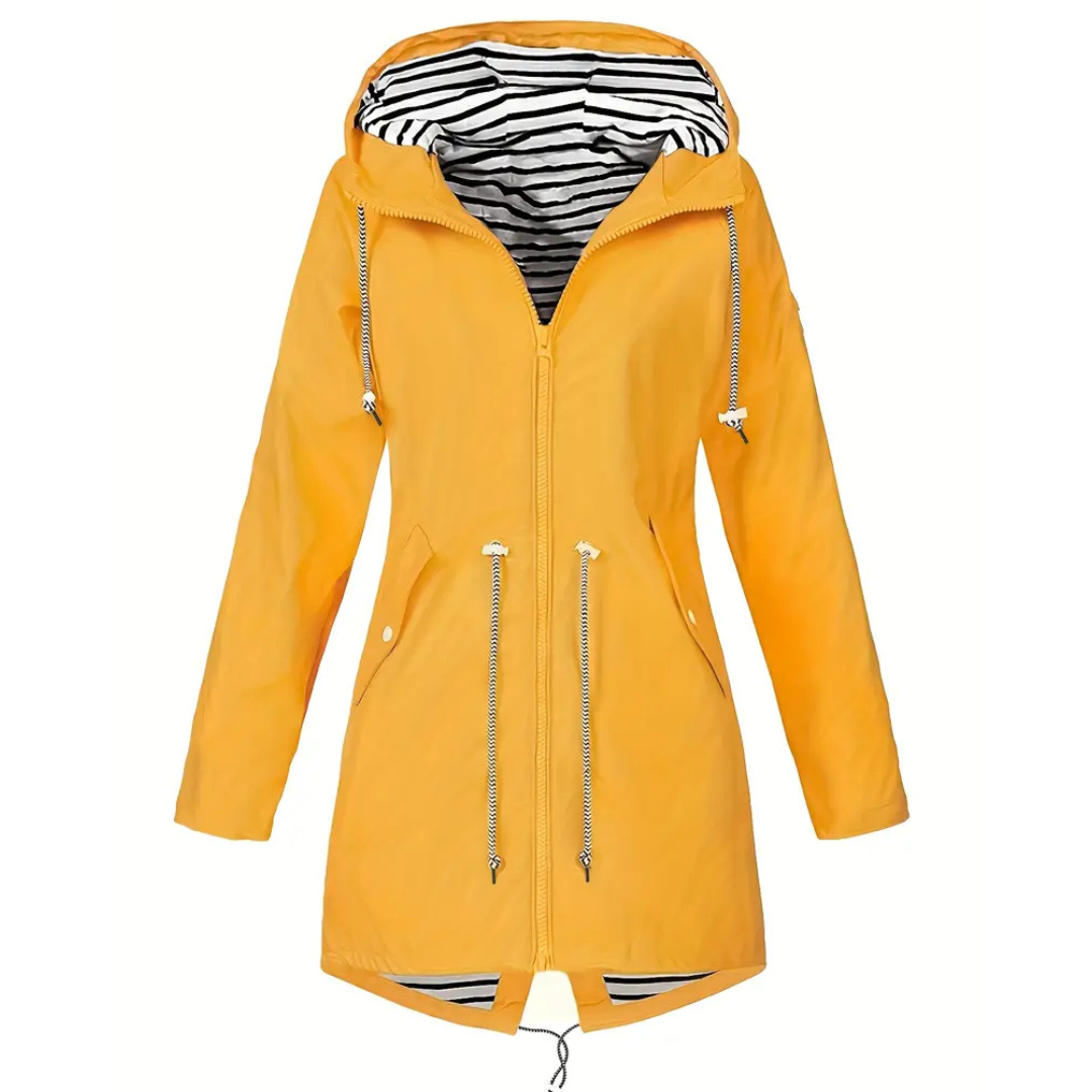 Detail of the sealed seams and waterproof fabric on the women's hooded rain jacket.