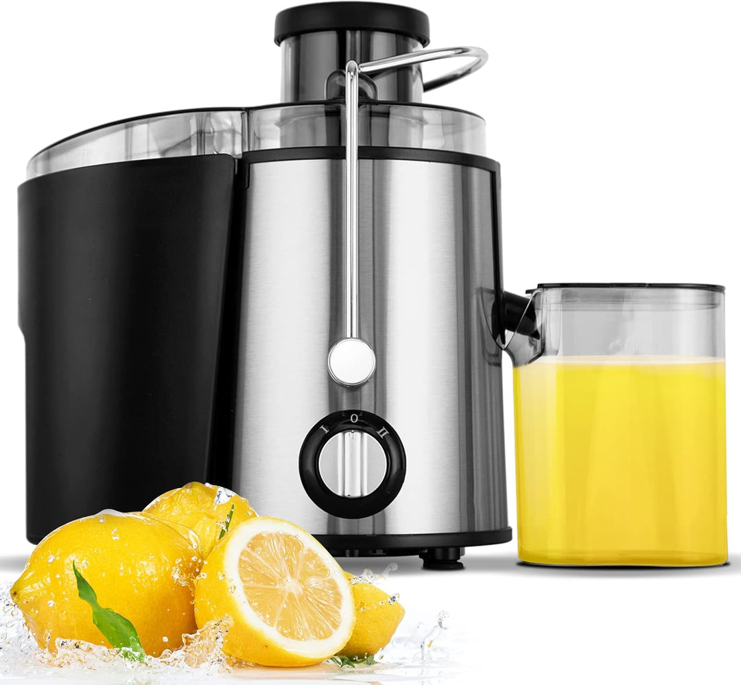 Stainless steel cold press juicer machine with filled juice cup and fresh lemons