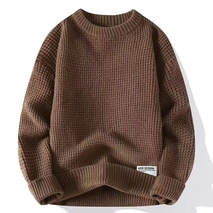 Detailed close-up of ribbed knit texture on men's crew neck casual sweater