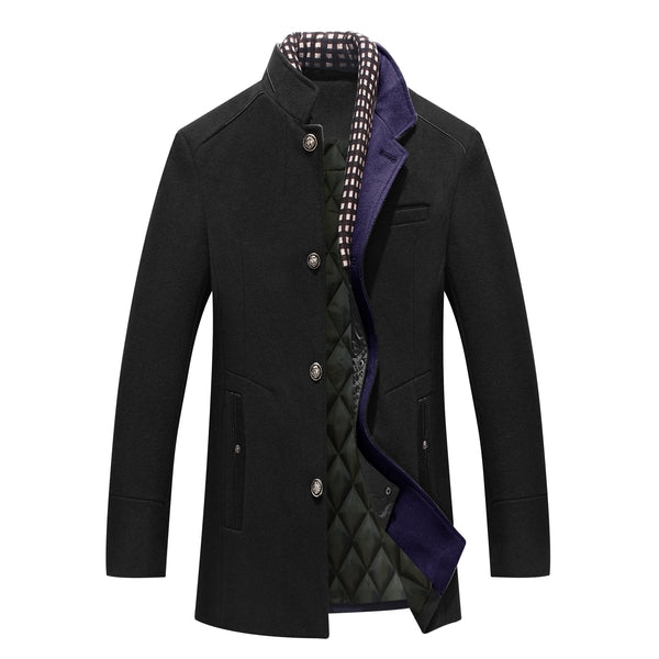 Mens stand collar mid-length coat back view showing sleek winter outerwear design