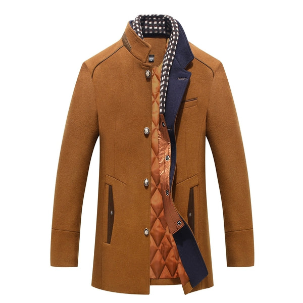 Men's brown stand collar mid-length coat with quilted lining