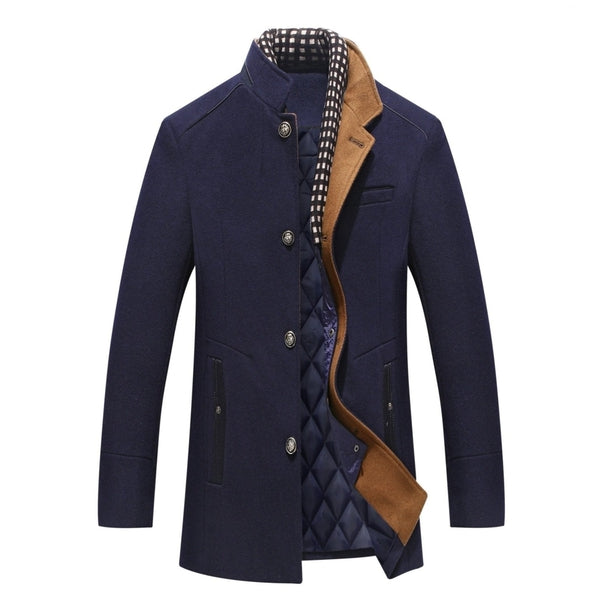 Men's navy blue stand collar mid-length winter coat