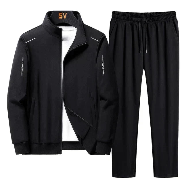 Men's black athletic tracksuit set featuring a zip-up jacket and matching trousers