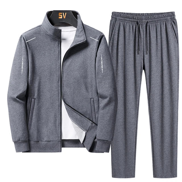 Men's grey casual tracksuit set with stand-up collar jacket and comfortable pants