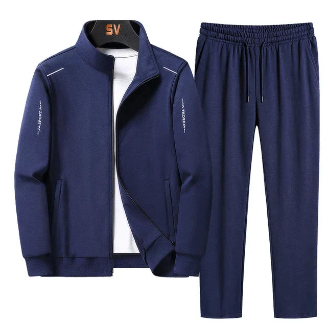 Men's navy blue sports tracksuit outfit displayed on a hanger
