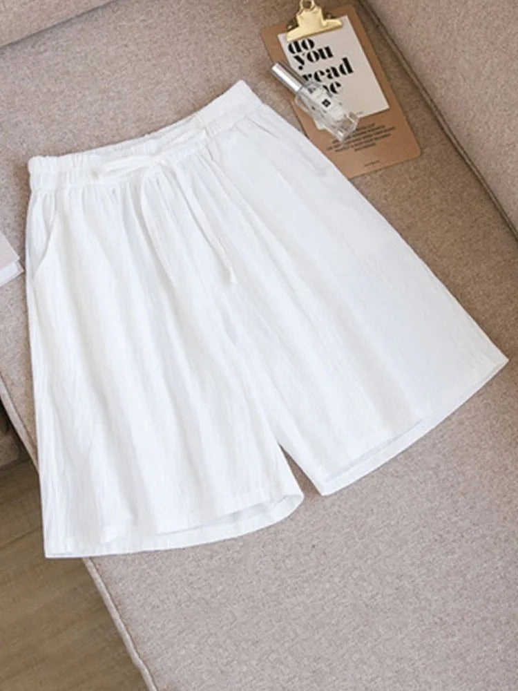 White women's lightweight summer shorts with elastic drawstring waistband