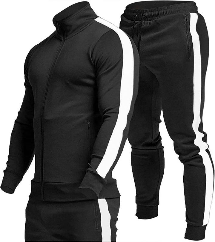 Men's athletic tracksuit in black and white featuring a full-zip jacket and matching trousers