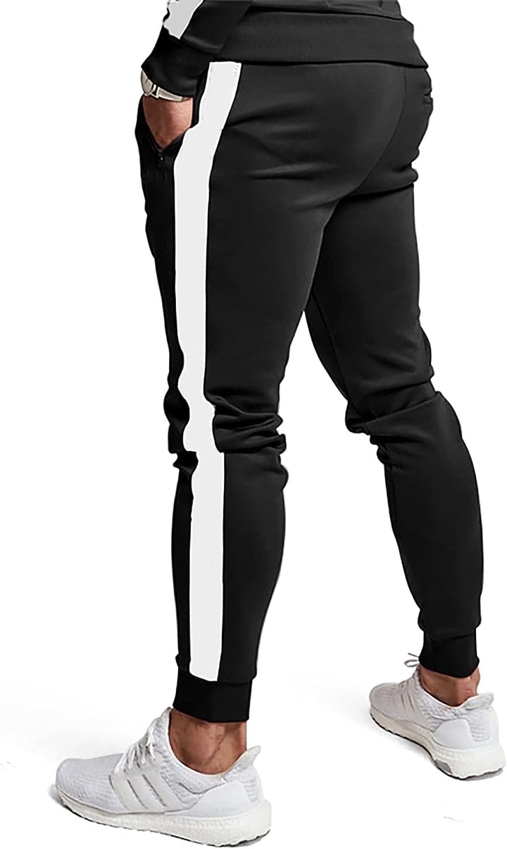Side profile of the men's athletic tracksuit trousers with contrast side stripe detail