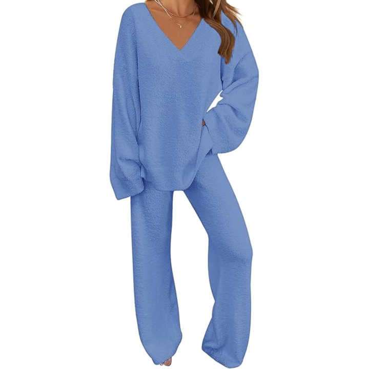 Back view of cozy women fleece loungewear set for relaxation
