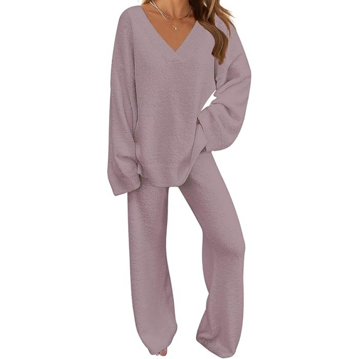 Woman wearing pink fleece lounge set