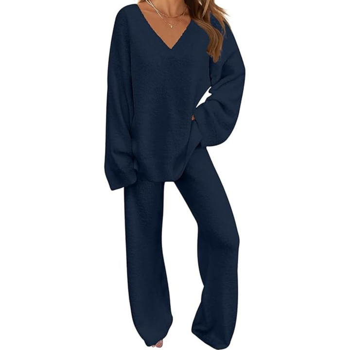Side view of women comfortable fleece lounge set in winter casual wear
