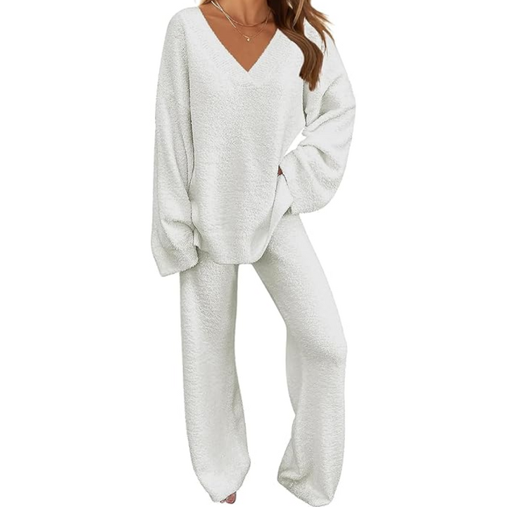 Woman wearing white fleece lounge set