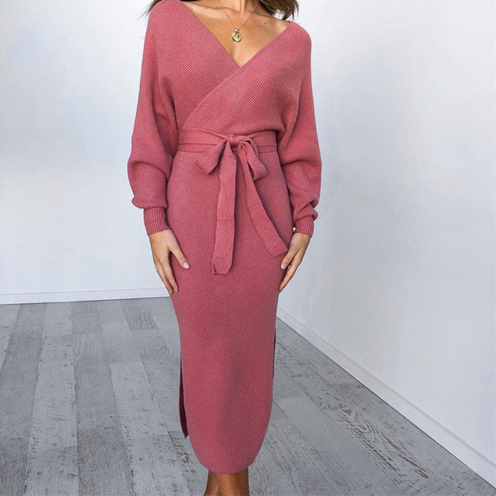 Woman wearing a light violet knit midi dress with long sleeves