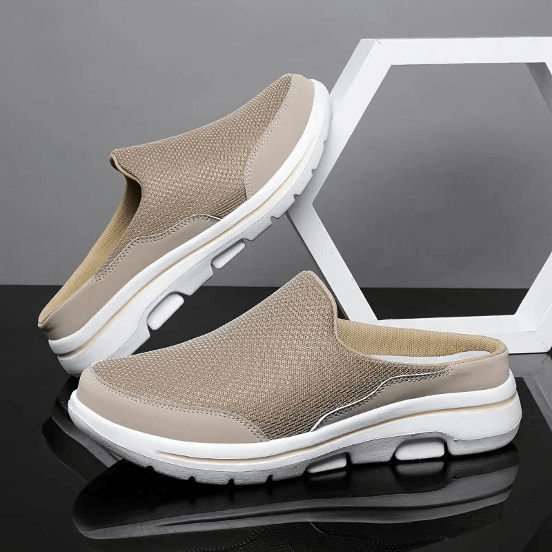 Brown men's casual indoor slippers with soft mesh upper design