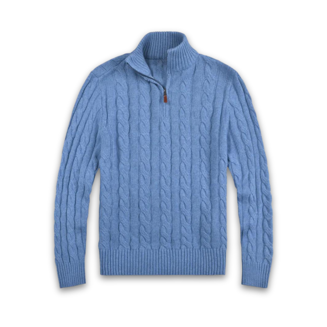 Blue half-zip cable knit sweater displayed flat on a white background