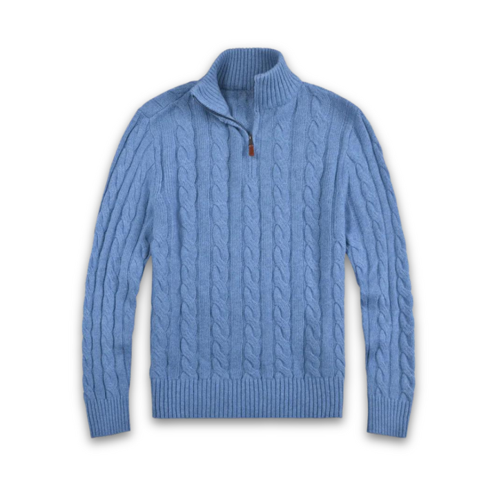Blue half-zip cable knit sweater displayed flat on a white background