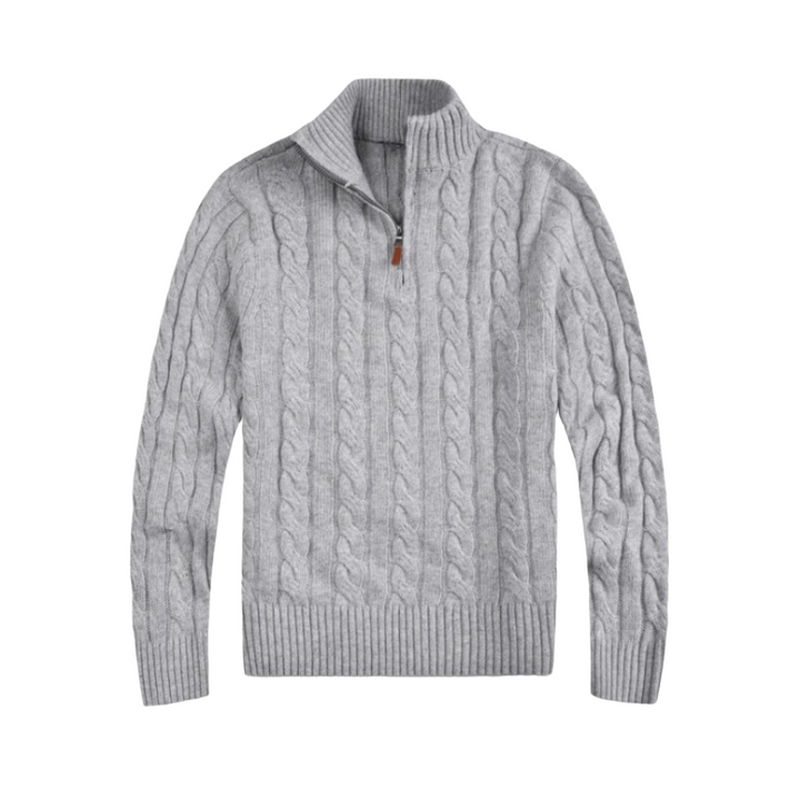 Grey half-zip cable knit sweater displayed flat on a white background