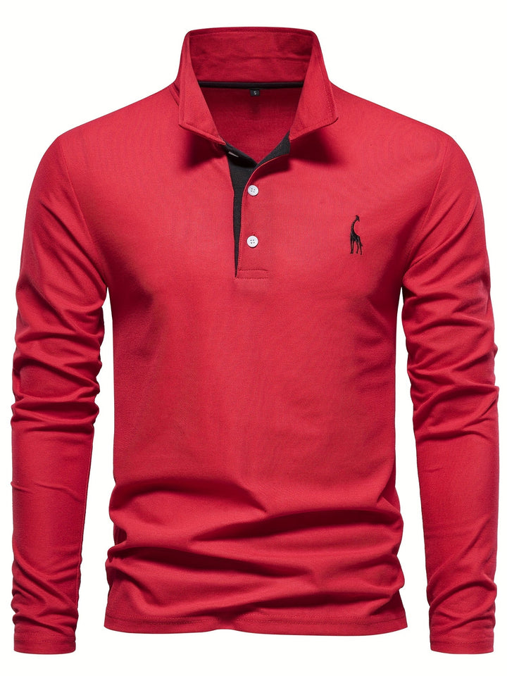 Red men's long sleeve polo shirt featuring contrasting inner collar