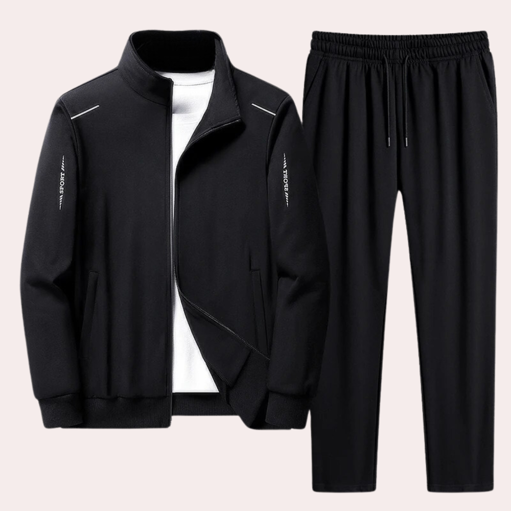 Black men's athletic tracksuit set displayed flat on light background