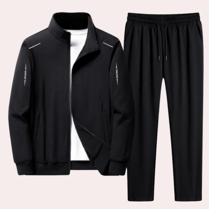 Black men's athletic tracksuit set displayed flat on light background