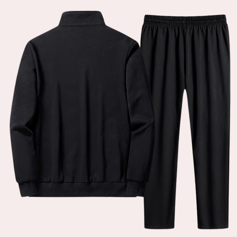 Back view of black men's athletic tracksuit jacket and matching pants