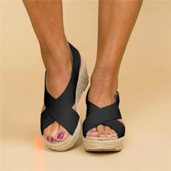 Top angle of women's summer shoes, casual wedge espadrilles in neutral tone