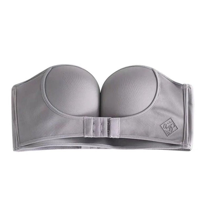 Gray strapless push-up bra with front double closure