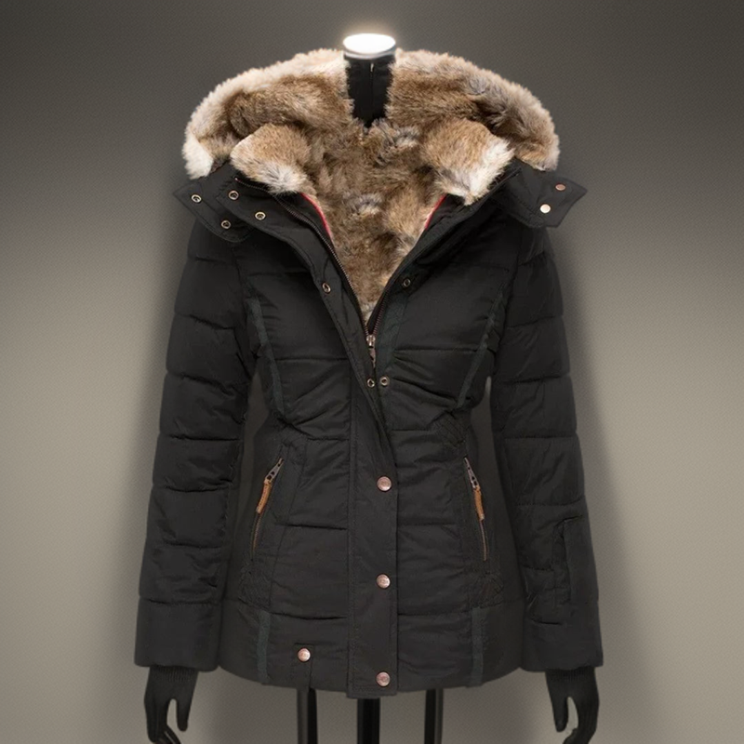 Black women's winter coat Elodie showcasing stylish double closure