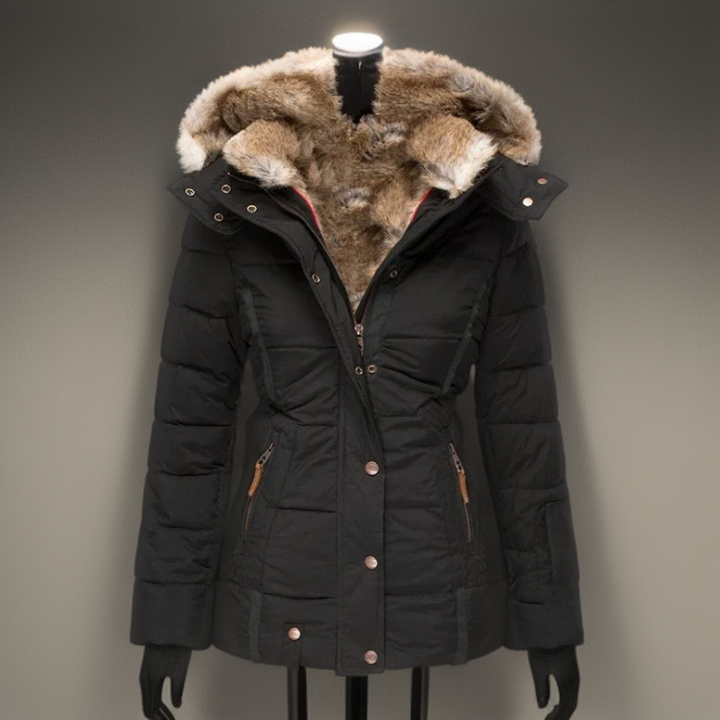 Black women's winter coat Elodie showcasing stylish double closure