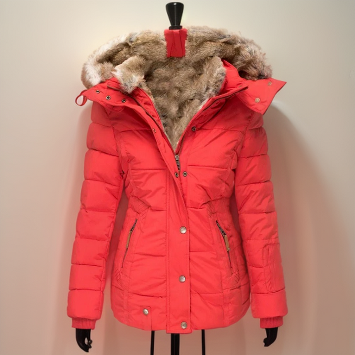 Red women's winter coat Elodie featuring cozy hood and structured fit