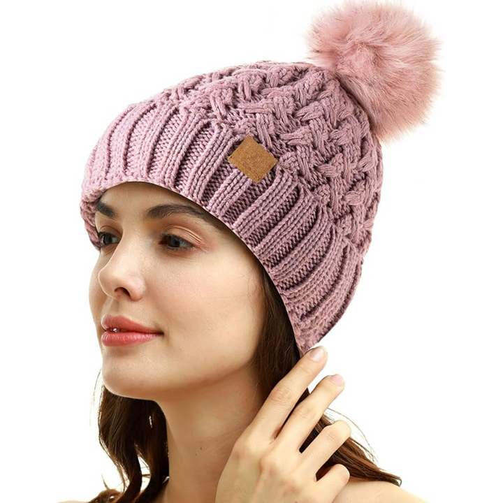 Women's winter pom beanie Yvonne in classic knit texture