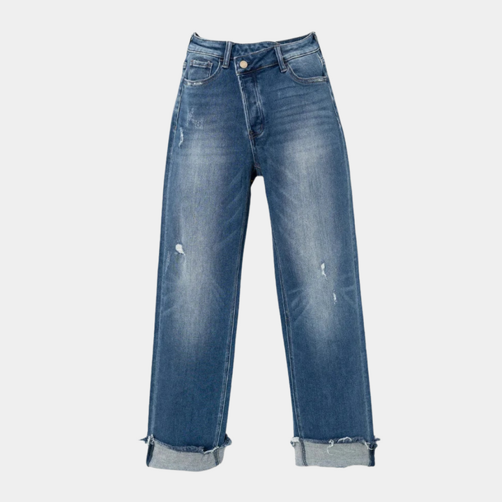 Relaxed high-waisted denim jeans for women, casual comfort fit trousers