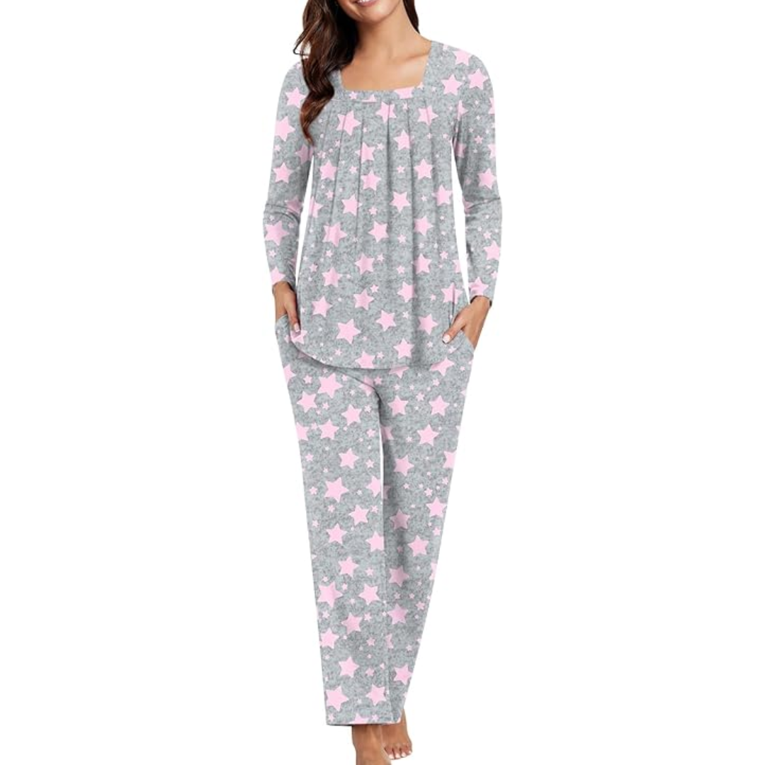 Elegant and comfortable pyjamas for women laid out to show complete set