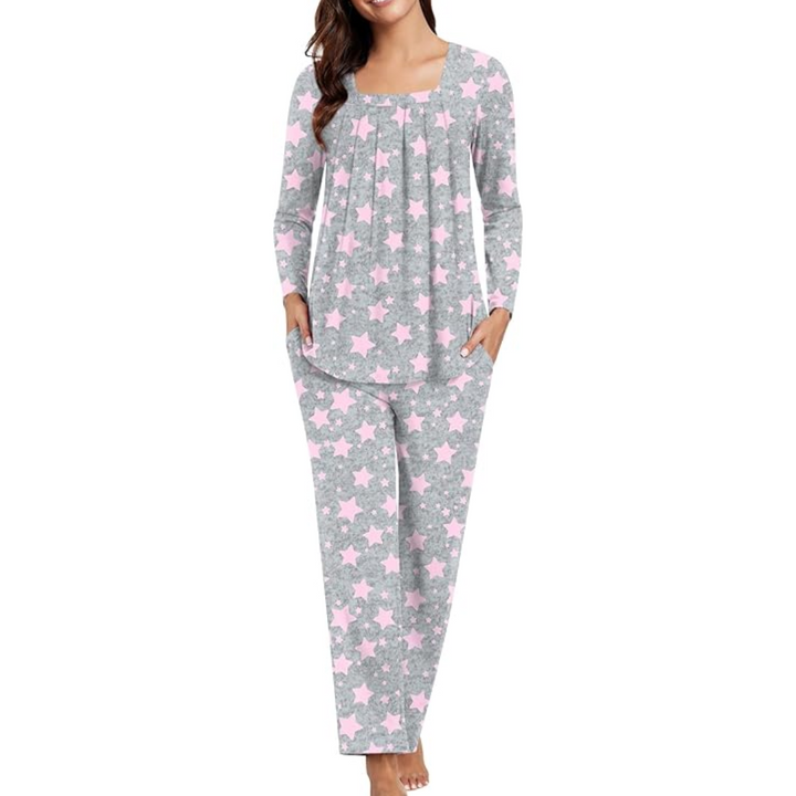 Elegant and comfortable pyjamas for women laid out to show complete set