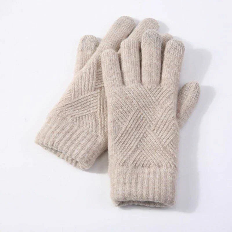 Stylish women's touchscreen gloves worn outdoors in winter season
