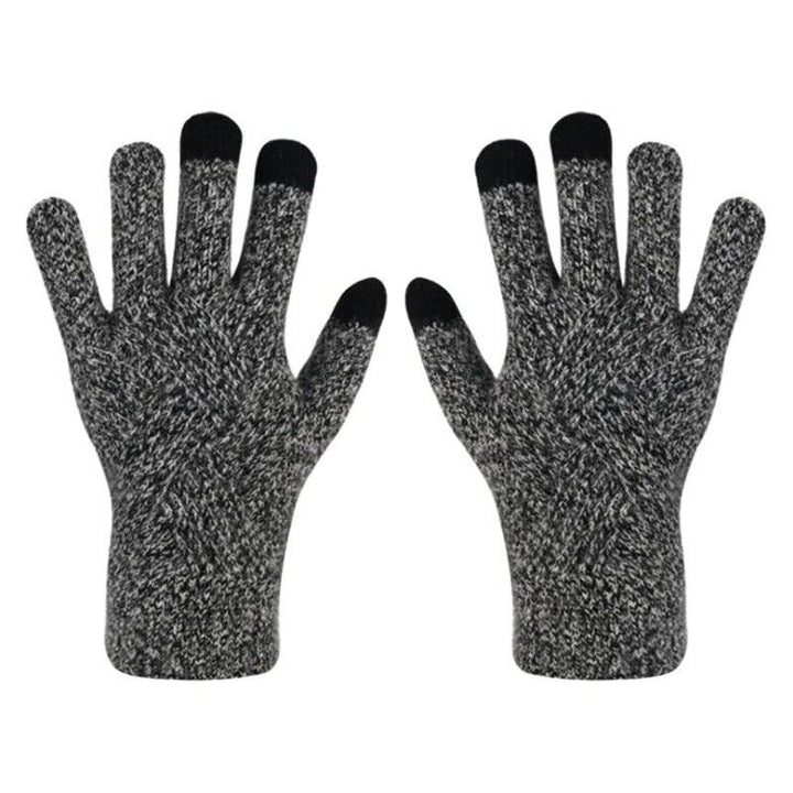 Model wearing cozy knitted accessories and warm winter gloves