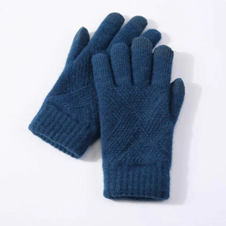Close-up of warm knitted winter gloves showing the textured pattern